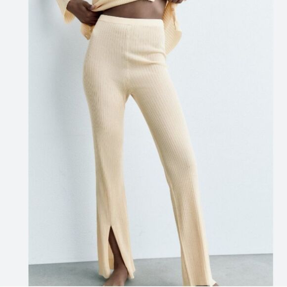 New Zara cream ribbed knit stretch pants size small - Picture 1 of 7